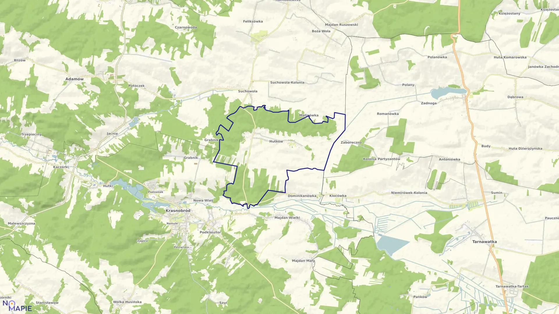 Mapa obrębu Hutków w gminie Krasnobród