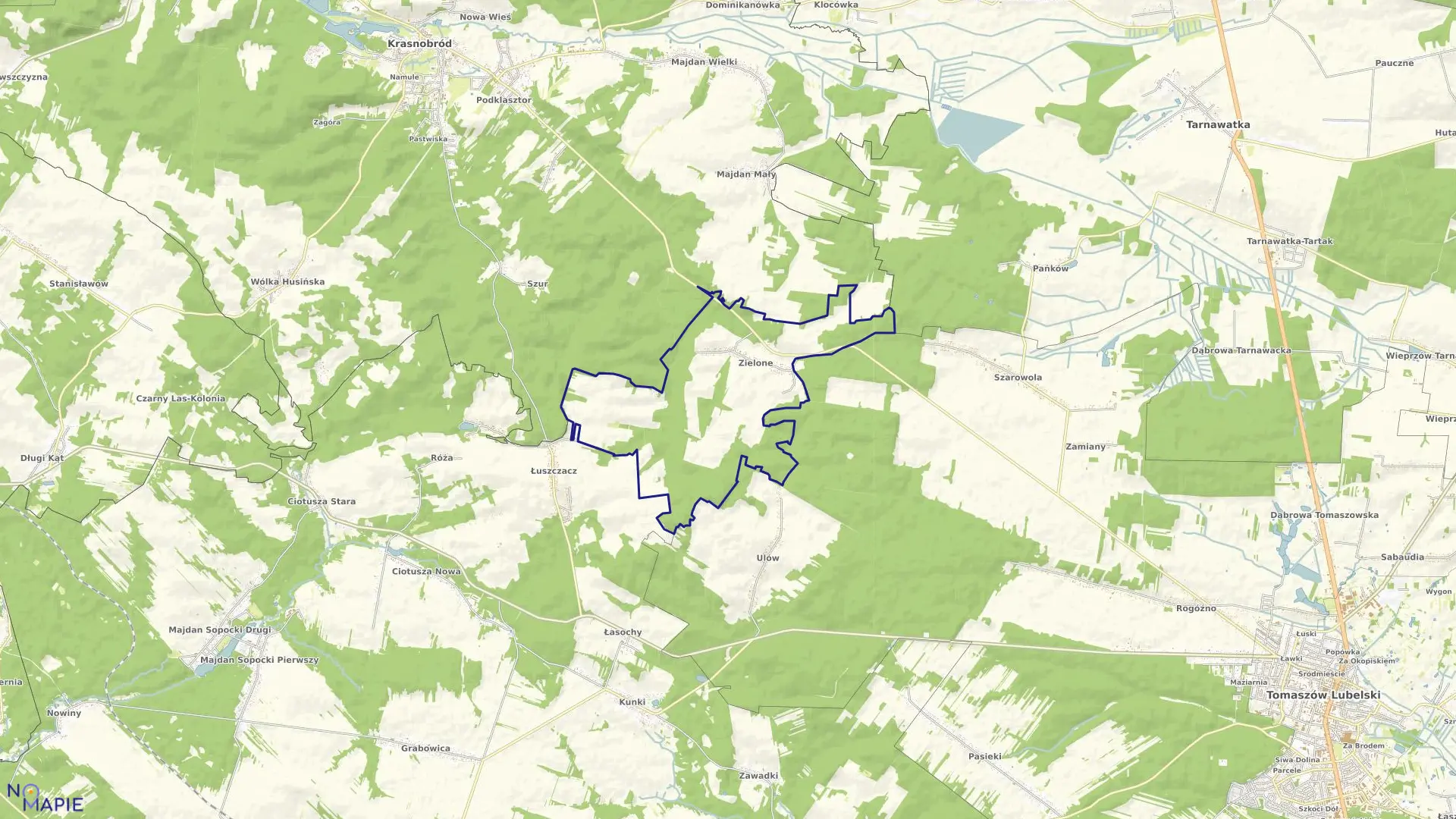 Mapa obrębu Zielone w gminie Krasnobród